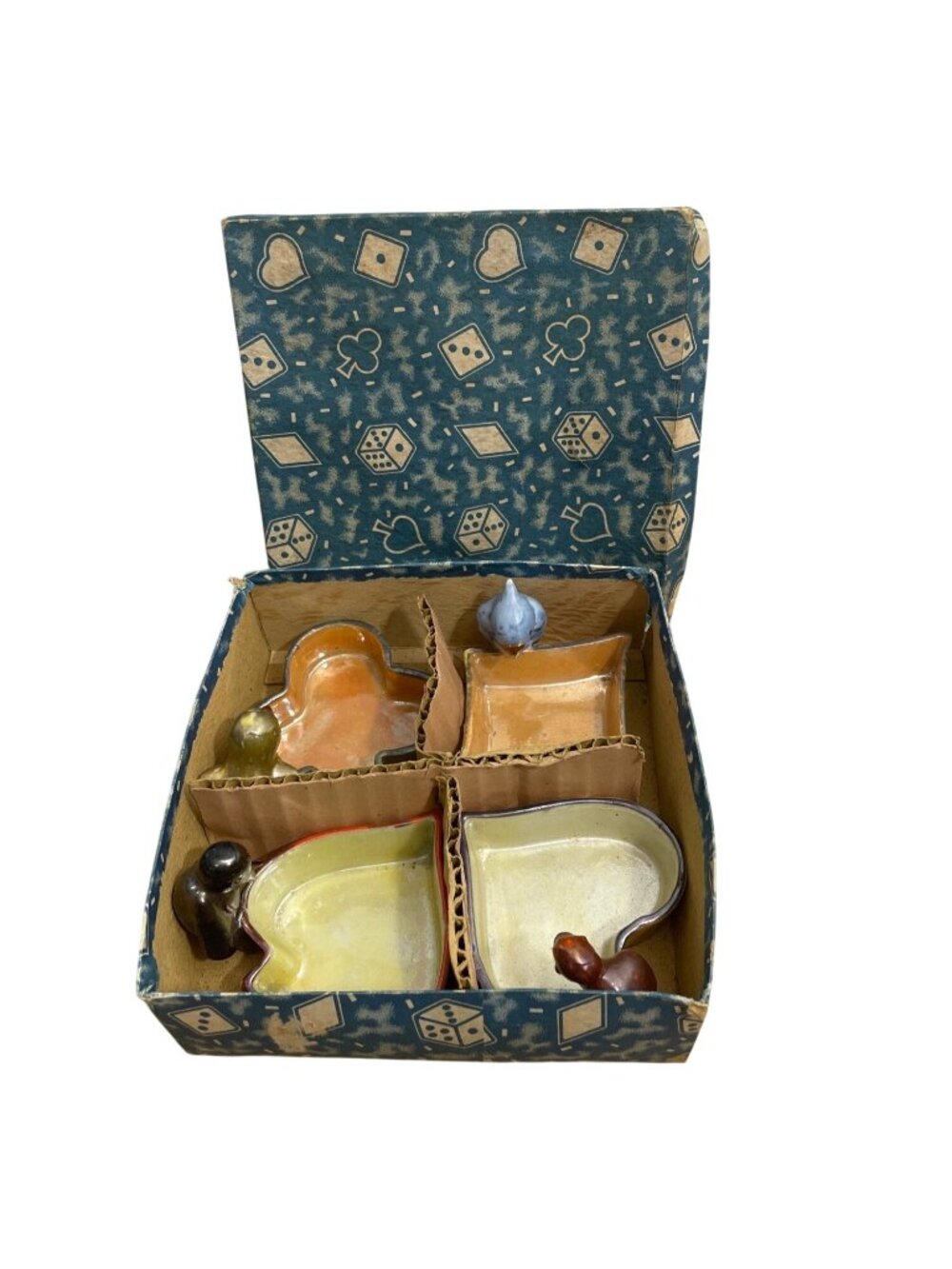 Vtg Ceramic Lusterware Trinket Dish Ashtray Set Bird Handles Card Suit Shapes